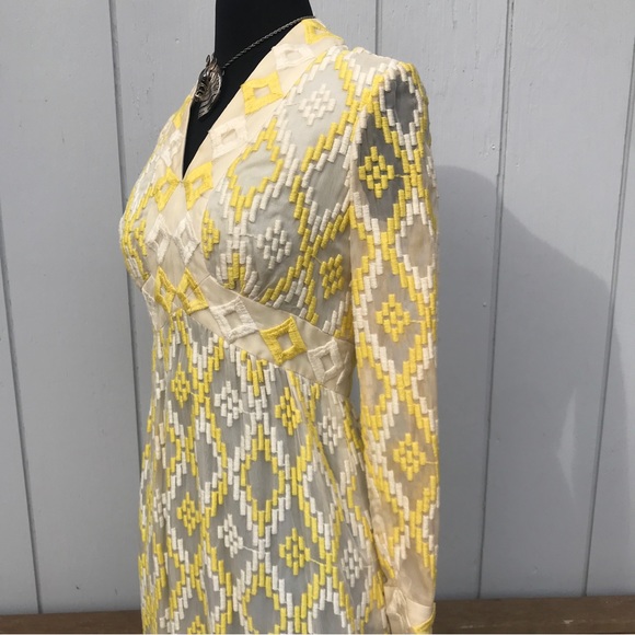 Vintage 60s Embroidered Jerry Marsch Yellow Chiffon Maxi Dress - Picture 11 of 15